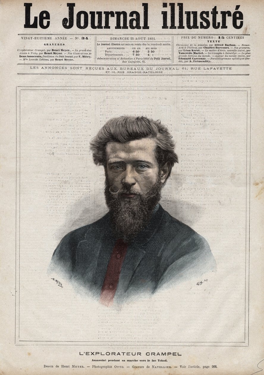 Ranskalaisen Keski-Afrikan tutkimusmatkailijan Paul Crampelin (1864-1891) muotokuva - Navellierin kaiverrus "Kuvallinen päiväkirja" vuodelta 1891 tekijältä Edouard Felicien Eugene Navellier