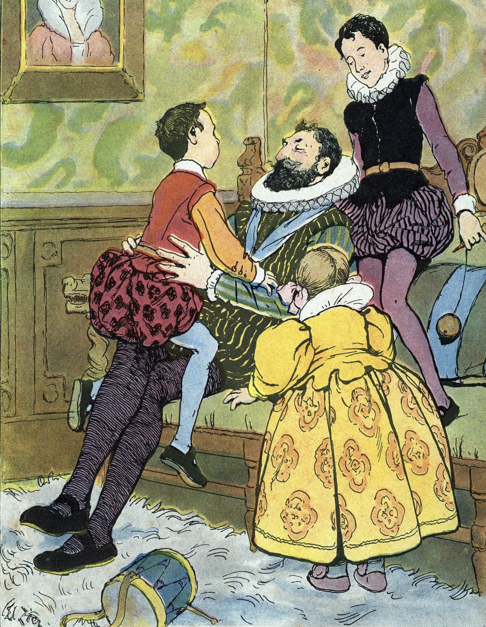 Ranskan kuningas Henri IV leikkii lastensa kanssa (1553-1610) Edouard Zierin kuvitus teoksessa "Nos-Gloriers-Nationales" 1920 Collection Privee tekijältä Edouard Francois Zier