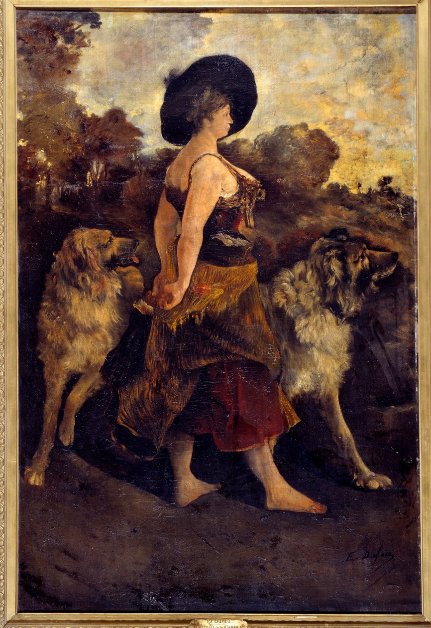 La Carola Mustalainen koiriensa kanssa. Edouard Jacques Dufeun (1840-1900) maalaus 1878 tekijältä Edouard Jacques Dufeu