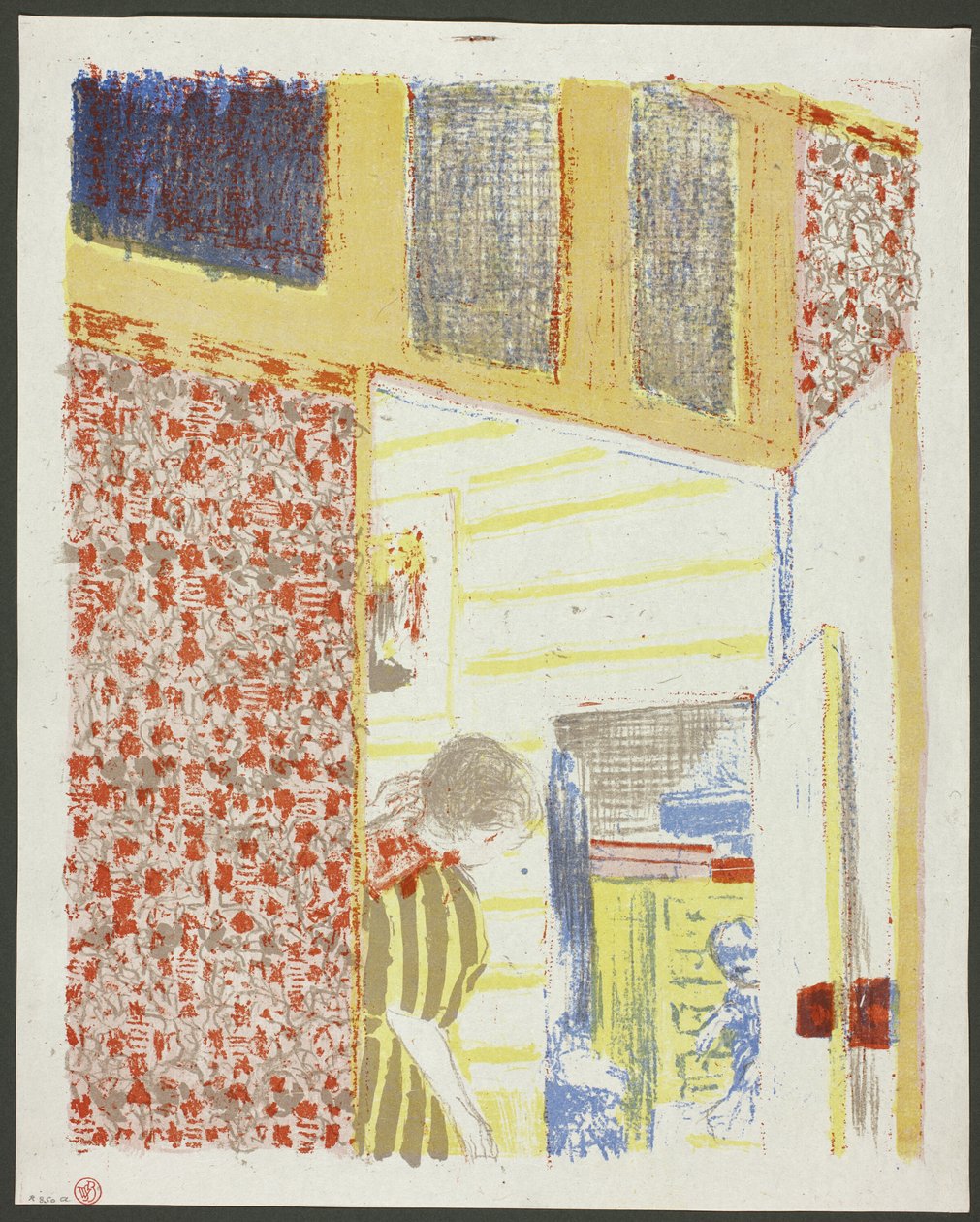 Sisustus vaaleanpunaisella tapetilla III, levy seitsemän teoksesta Maisemat ja sisätilat. tekijältä Édouard Jean Vuillard
