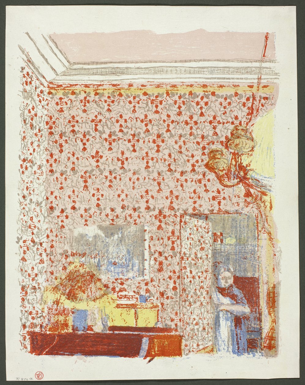 Sisustus vaaleanpunaisella tapetilla I, levy viisi teoksesta Landscapes and Interiors (Maisemat ja sisätilat). tekijältä Édouard Jean Vuillard