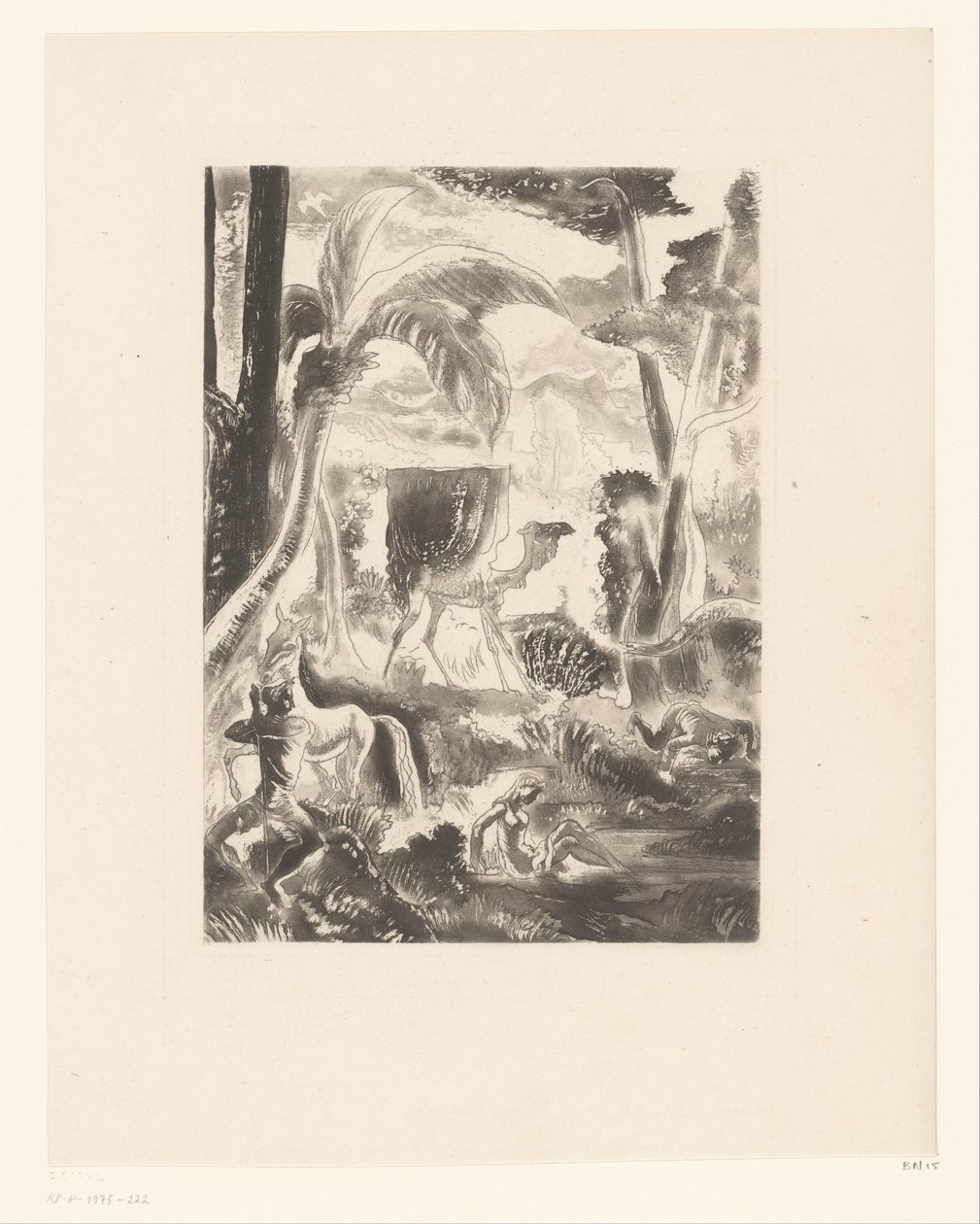 Maisema palmuilla ja uimahahmoilla tekijältä Edouard Léon Louis Edy Legrand (attributed to)