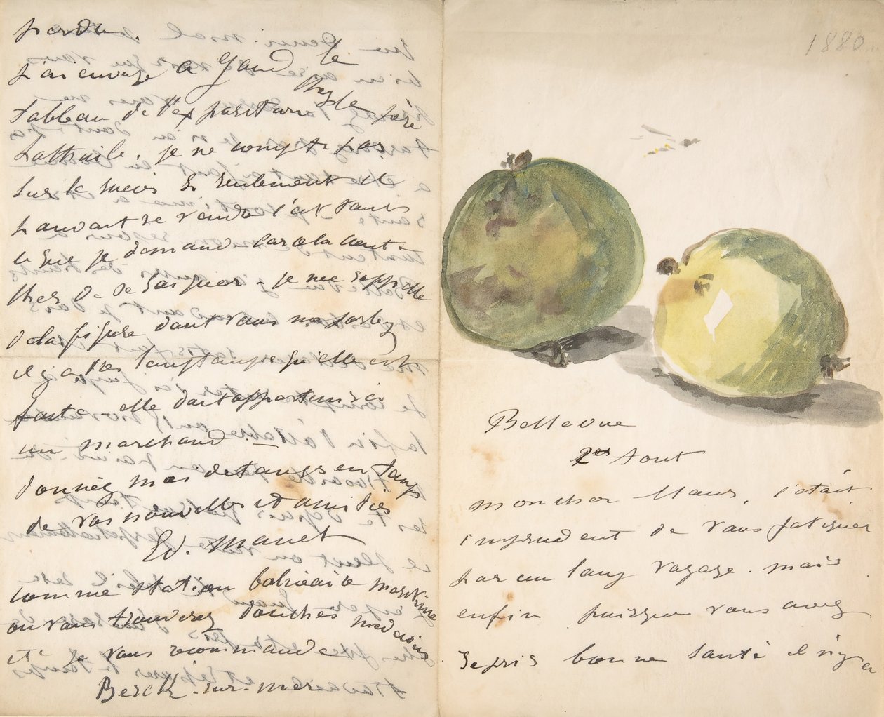 Kirje Eugène Mausille, koristeltu kahdella omenalla, 2. elokuuta 1880. tekijältä Édouard Manet