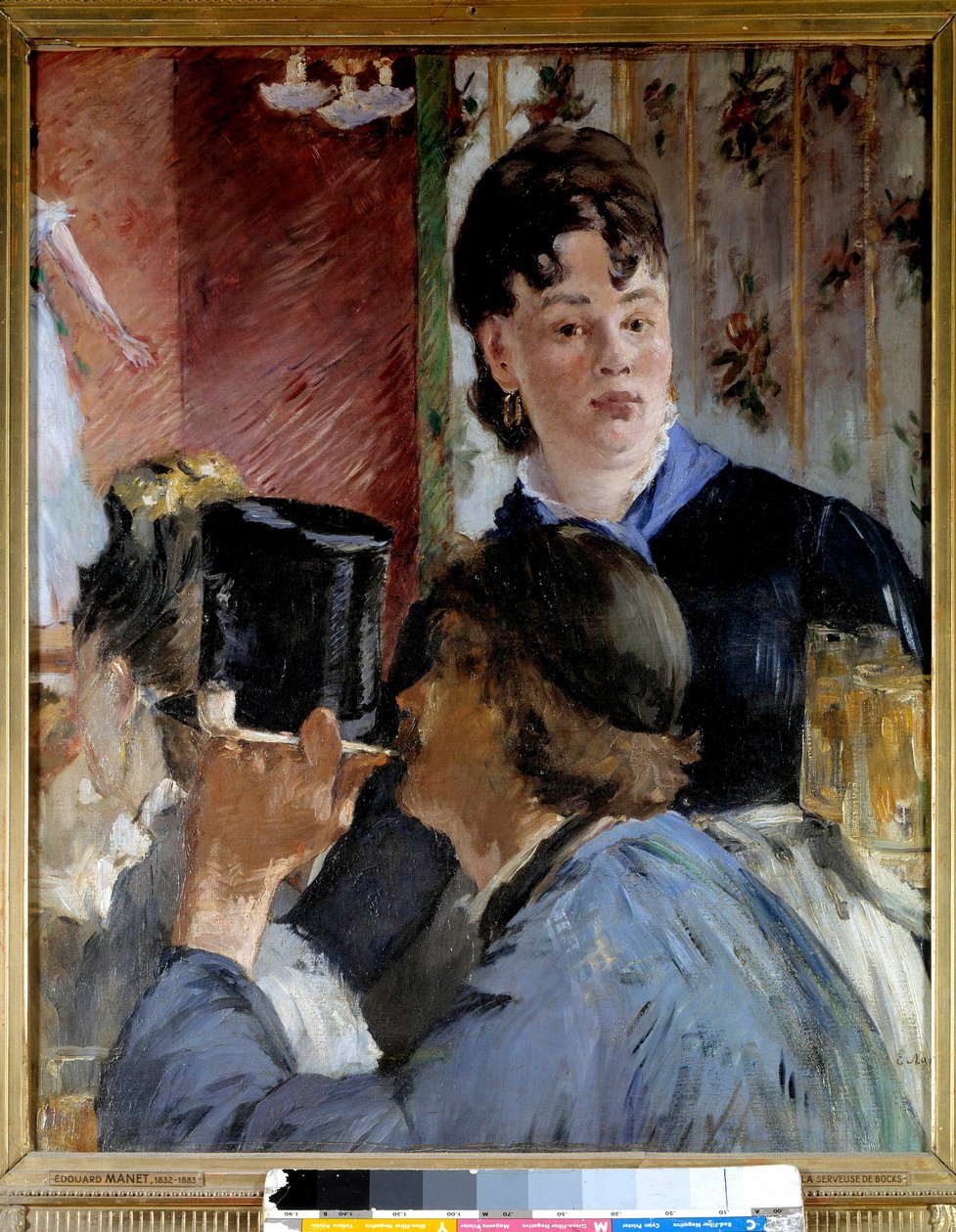 Nuori nainen tarjoilee olutta tyylikkäille ja suosituille vieraille. Edouard Manet