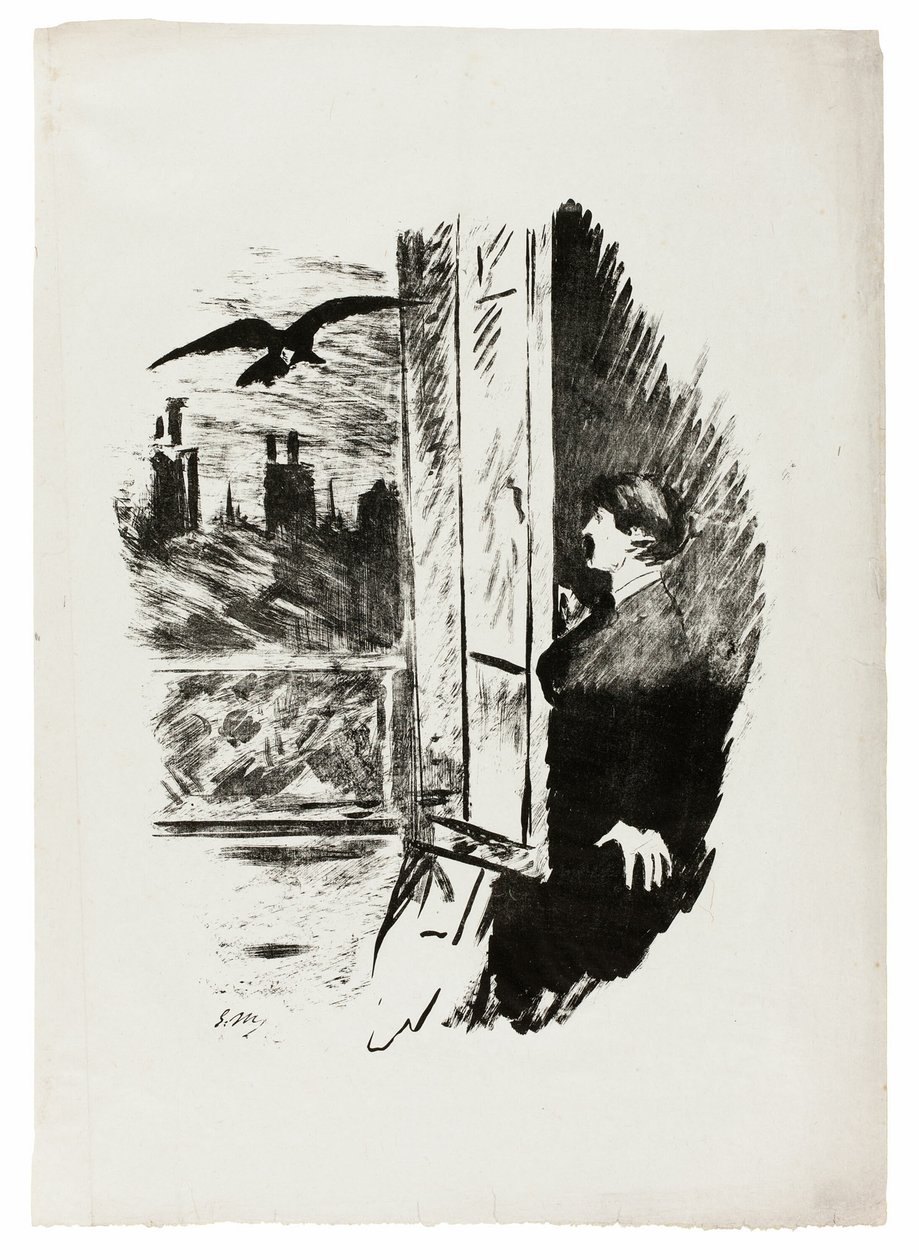 Ikkunalla ("Avaa tästä, heitin kaihtimen..."), Korppista (Le Corbeau) tekijältä Édouard Manet