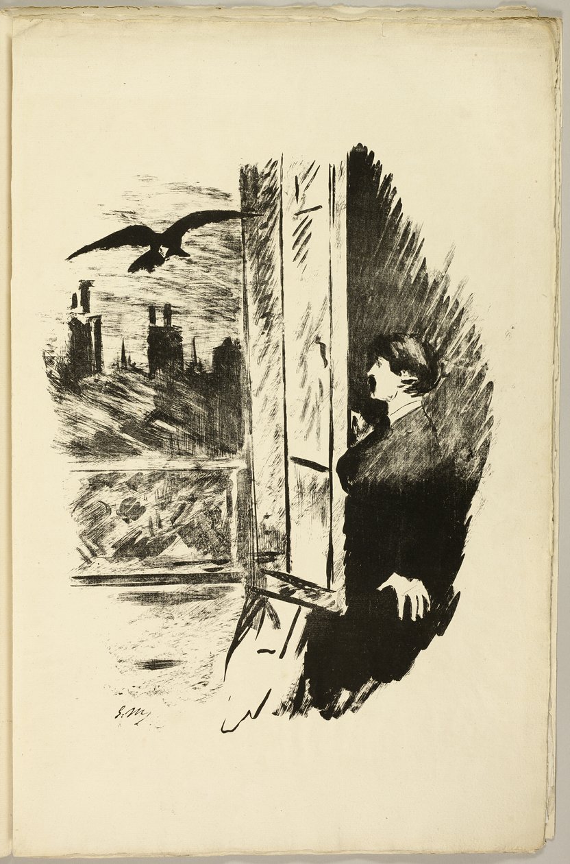 Ikkunalla ("Avaa tästä, heitin kaihtimen..."), Korppista (Le Corbeau) tekijältä Édouard Manet
