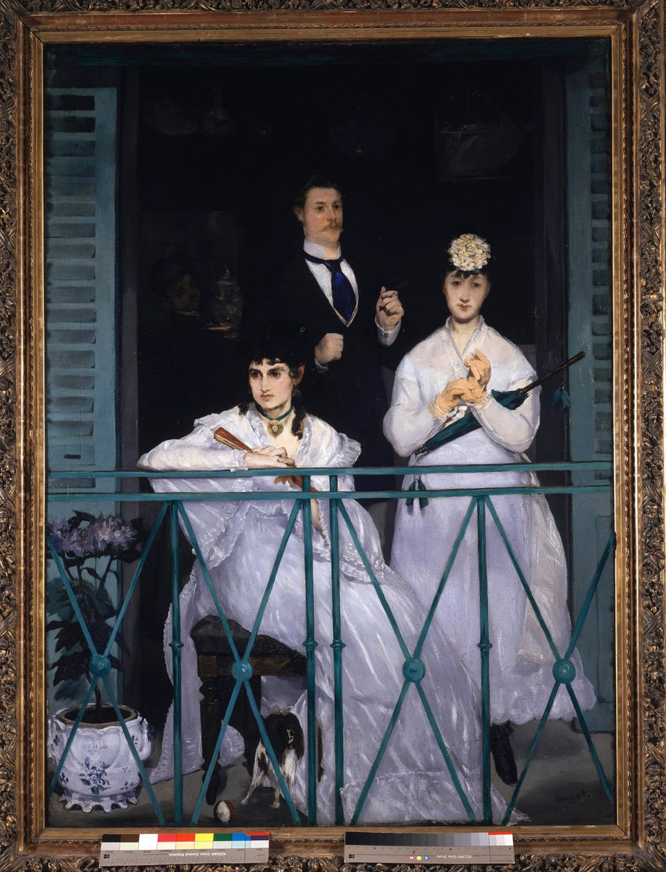 Parveke Kaksi nuorta naista, joilla on tuuletin ja sateenvarjo, ja mies, jolla on solmio. Portrait of Berthe Morisot (1841-1895), ranskalainen taidemaalari, Fanny Claus (1846-1877), viulisti, Antoine Guillemet (1841-1918) maisemoittaja ja tausta Leon Leenh tekijältä Édouard Manet
