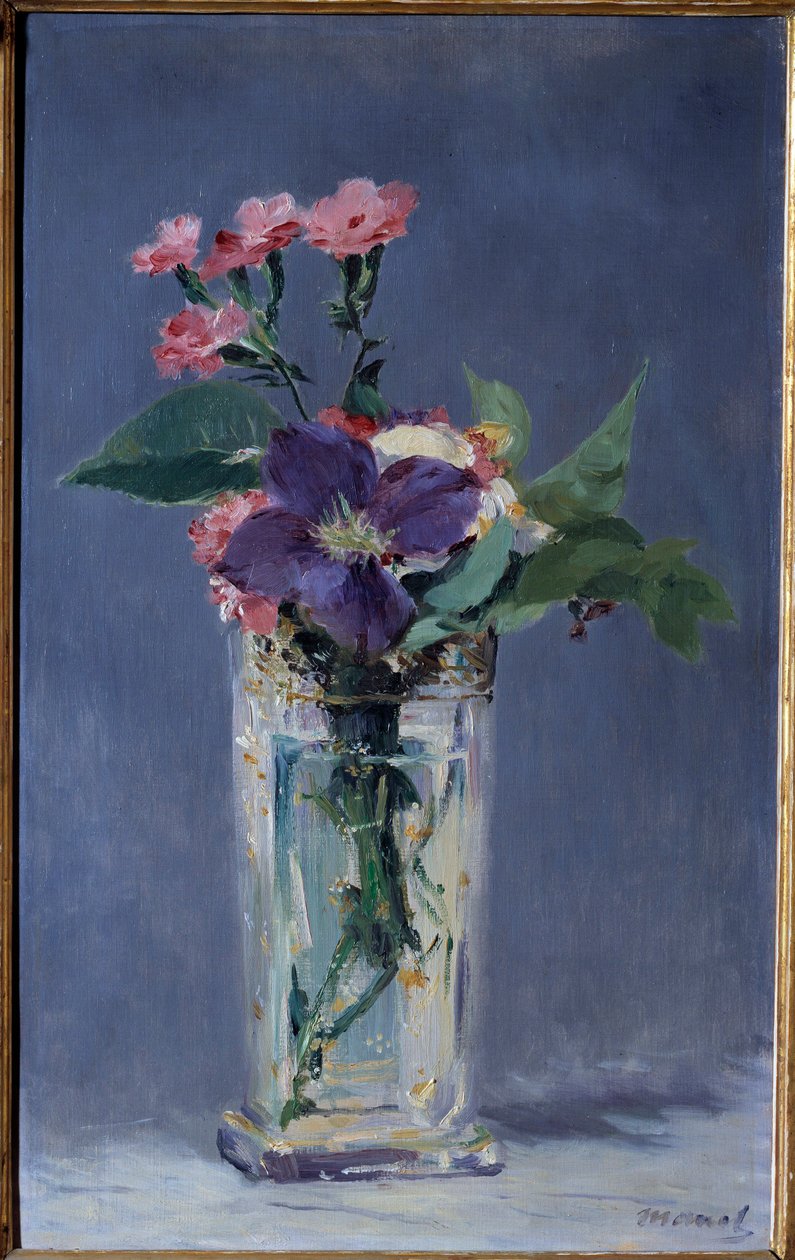 Neilikat ja klematiitit kristallimaljakossa Edouard Manet