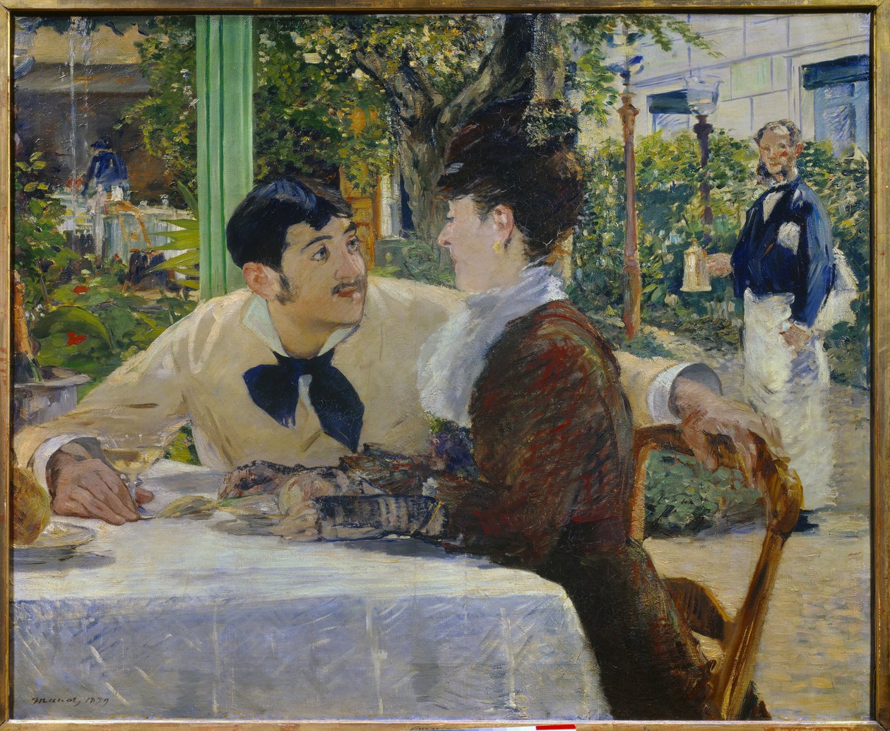 Isä Lathuille. Ulkona Pariskunta juo lasin samppanjaa ulkoravintolan terassilla lähellä Place de Clichyä Pariisissa (Montmartre). Edouard Manet