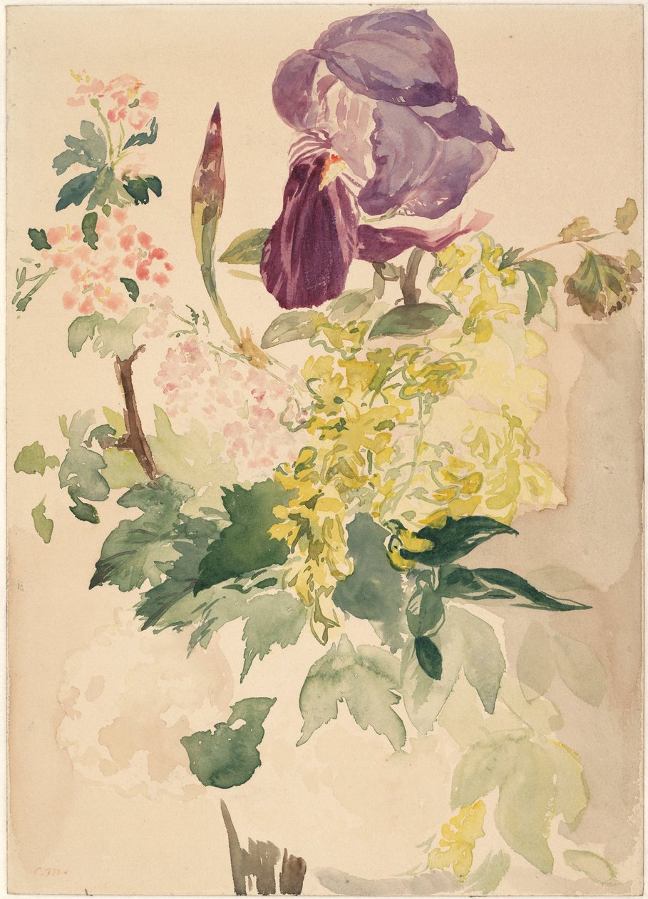 Kukkapala iiriksen, laburnumin ja geraniumin kanssa, 1880 tekijältä Édouard Manet