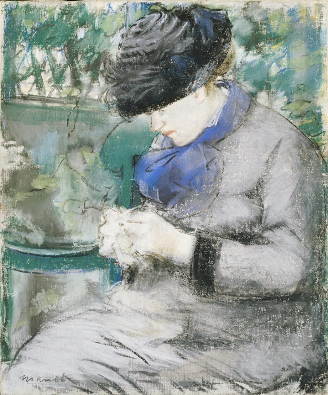 Tyttö istuu puutarhassa tai neulo, 1879 tekijältä Édouard Manet