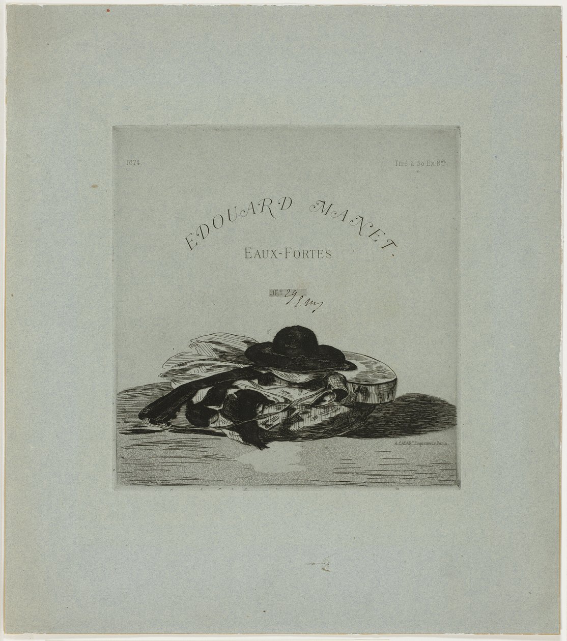 Hattu ja kitara, etukuva neljäntoista etsauksen painokseen. tekijältä Édouard Manet