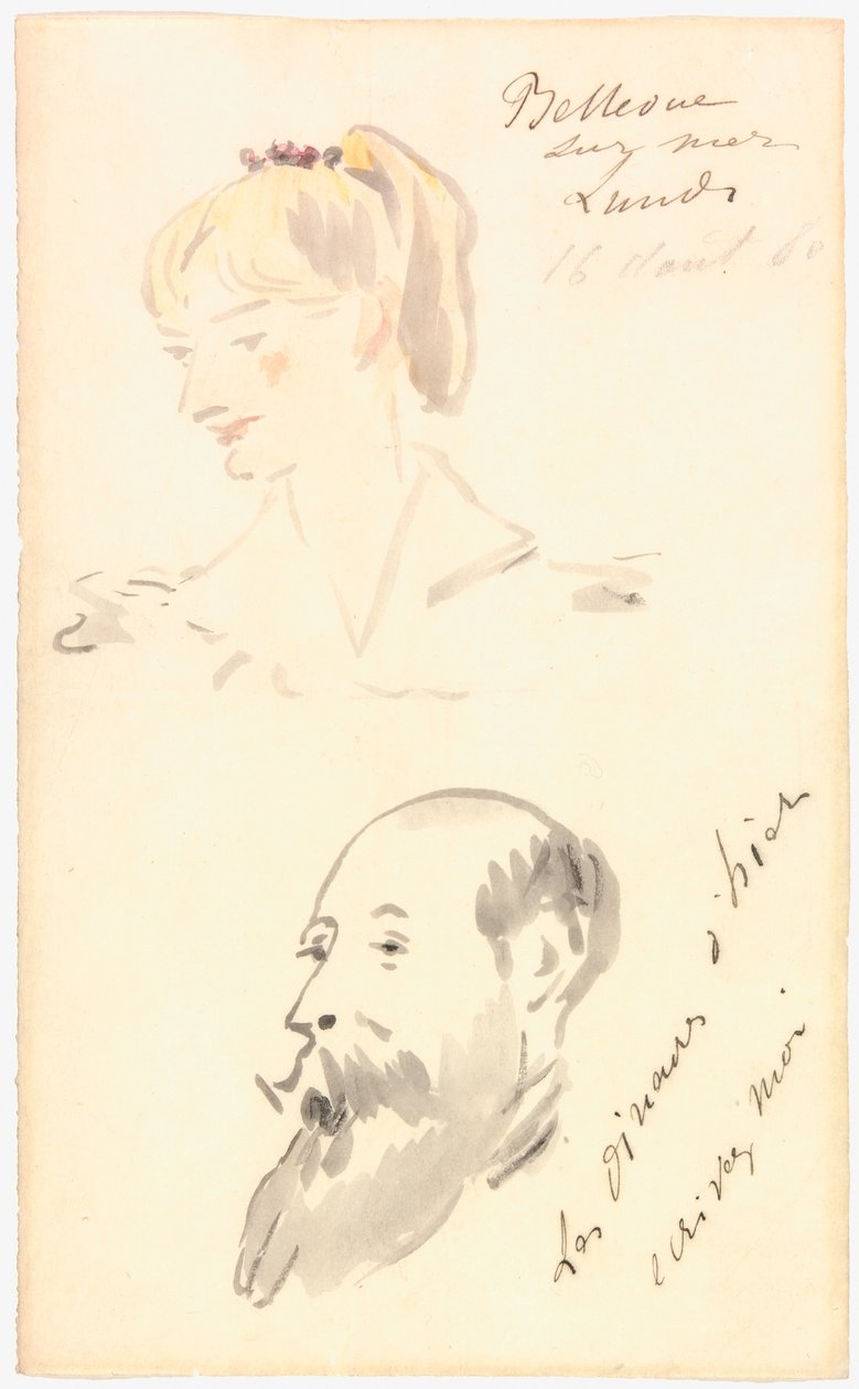 Naisen pää ja parrakkaan miehen pää tekijältä Édouard Manet