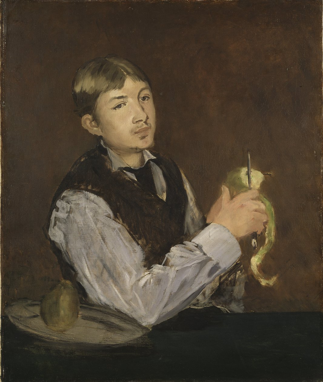 Nuori mies kuorimassa omenaa - Nuori poika kuorimassa päärynää, kirjoittanut Manet, Edouard (1832-1883). Öljy kankaalle. Koko: 85 x 71 cm. Tukholman kansallismuseo tekijältä Édouard Manet