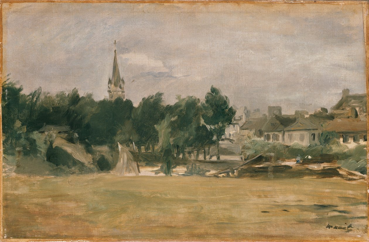 Maisema ja kyläkirkko, 1870-luvun alku tekijältä Édouard Manet