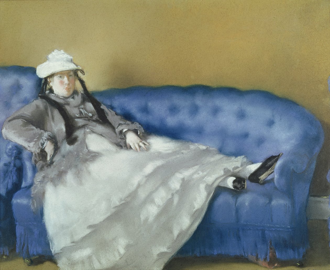 Madame Manet sinisellä sohvalla, 1874 (pastelli paperille) tekijältä Édouard Manet