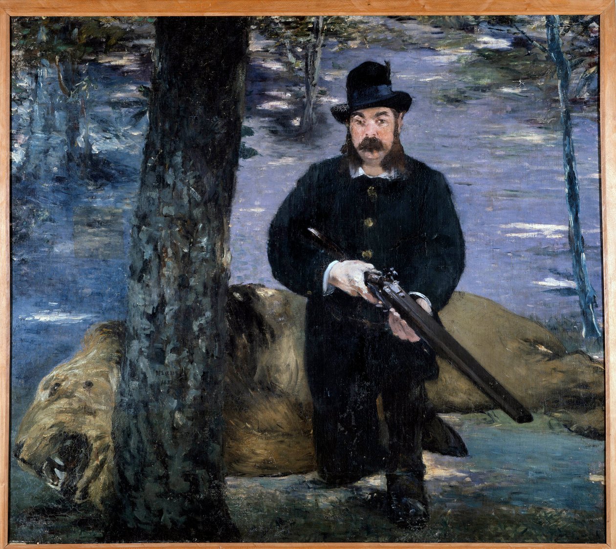 Monsieur Pertuiset Metsästäjä poseeraa lähellä leijonaa metsästystrofeellaan. Edouard Manet
