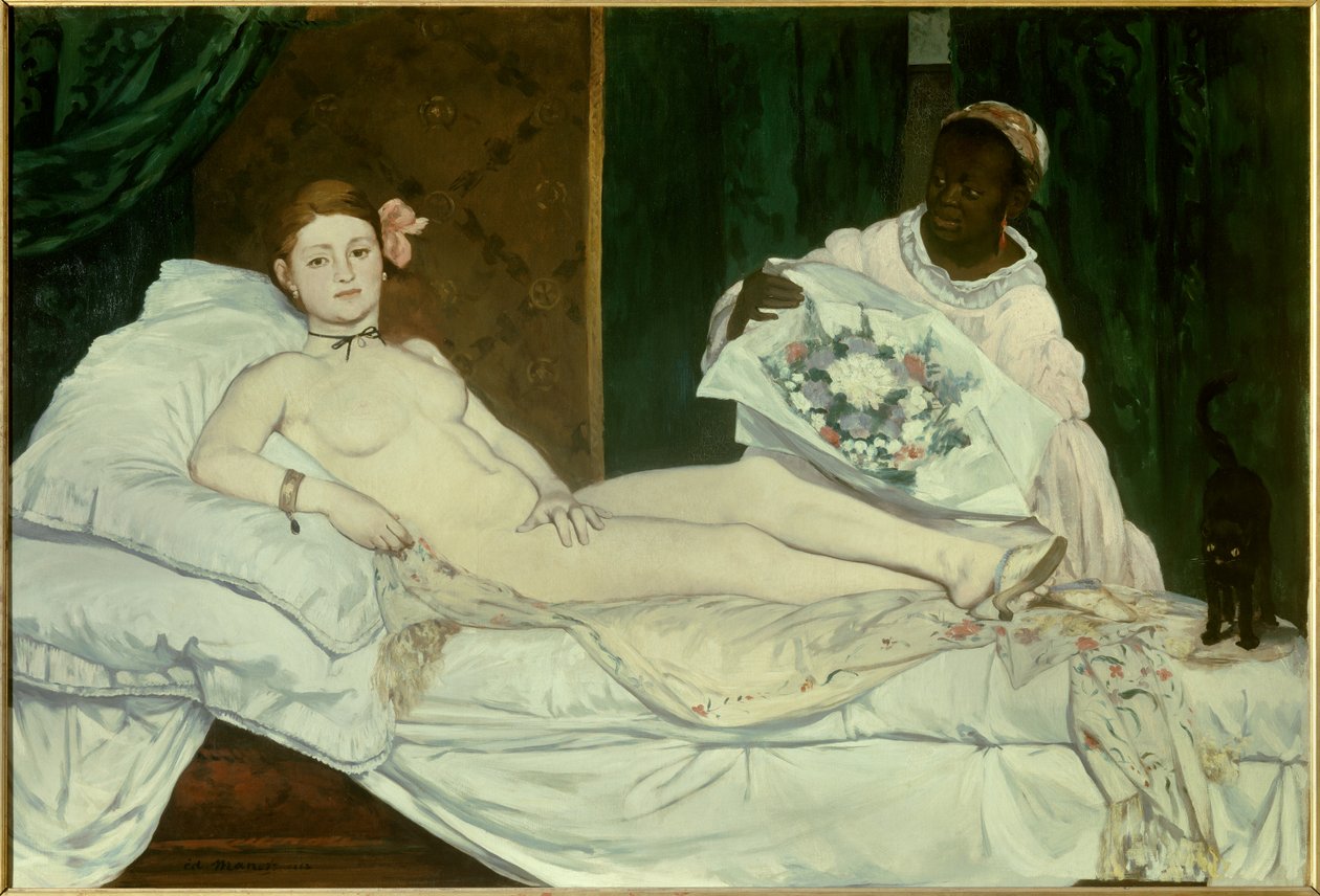 Olympia Nuori nainen alasti sängyssä musta piika tuomassa hänelle kukkakimpun. Edouard Manet