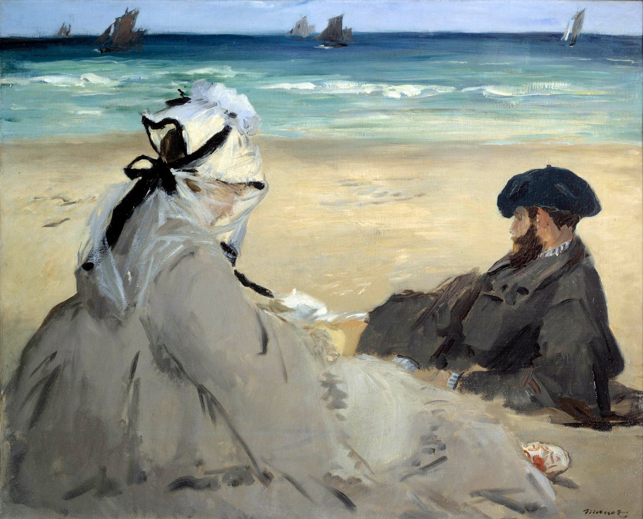Rannalla Suzanne Manetin, taiteilijan vaimon ja hänen veljensä Eugenen edustus Berck sur mer -rannalla (Berck-sur-Mer). Edouard Manet