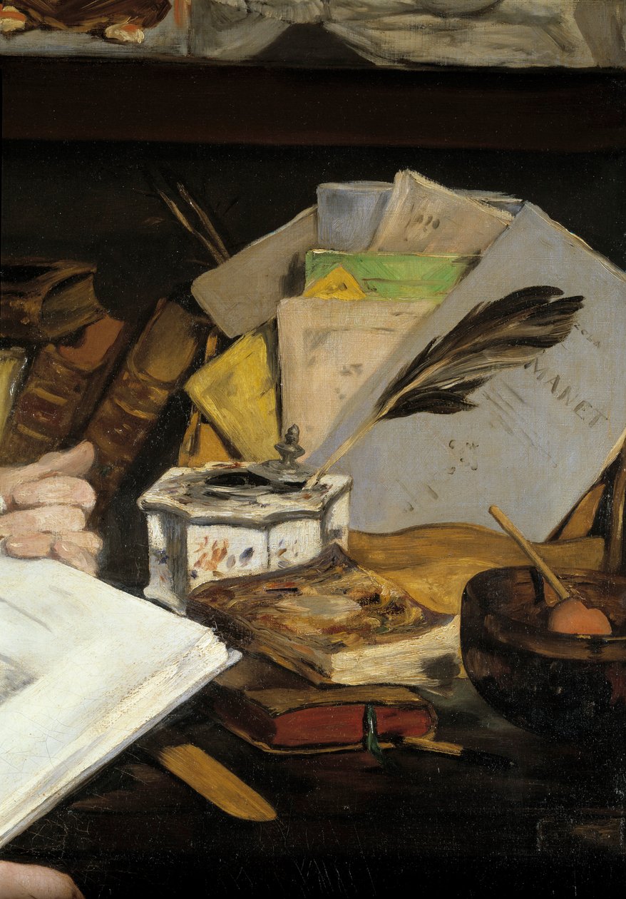 Emile Zolan muotokuva, yksityiskohta. Mustekulho kynällä ja kirjoja, mukaan lukien ”Manet”. Edouard Manet