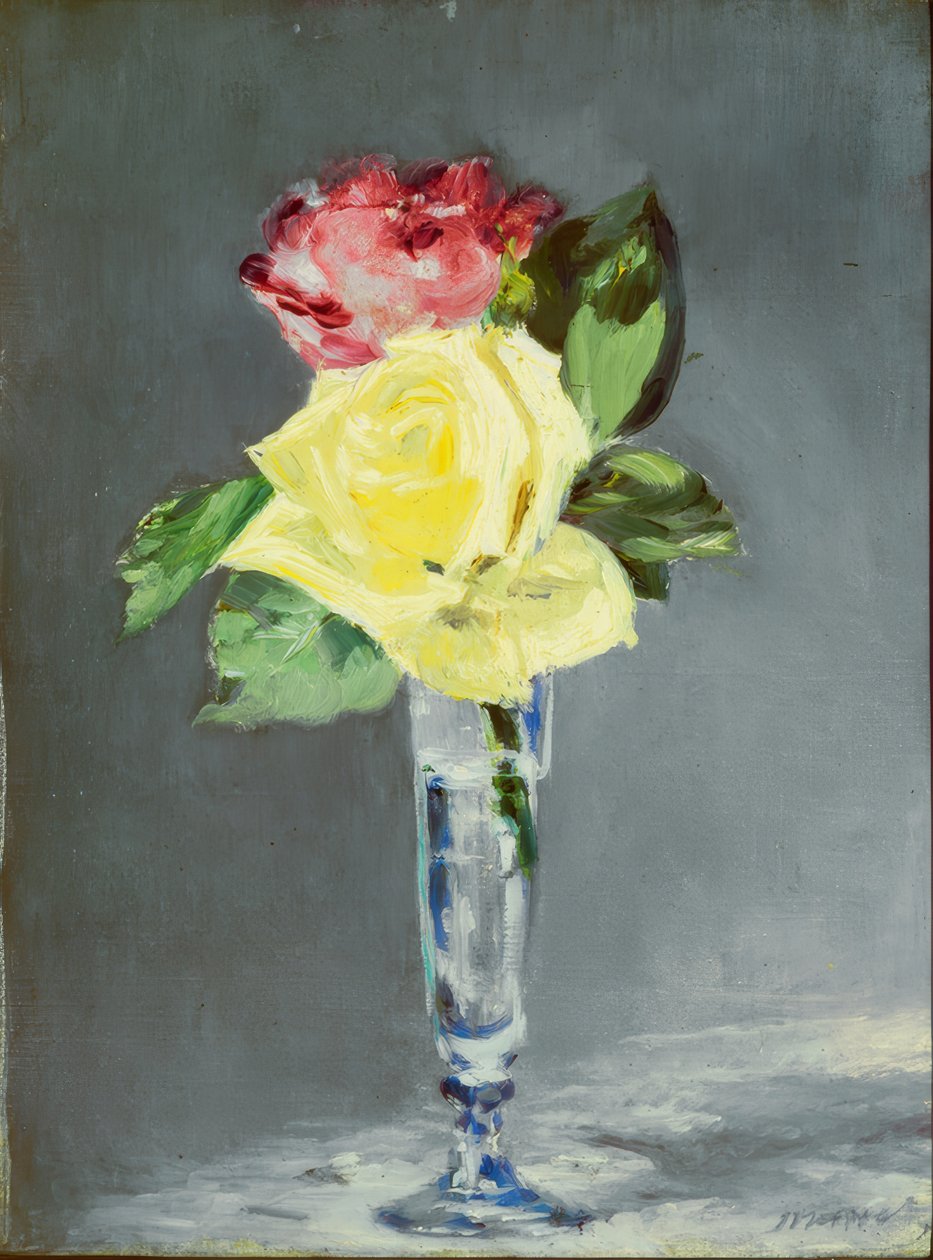 Ruusuja samppanjalasissa tekijältä Édouard Manet