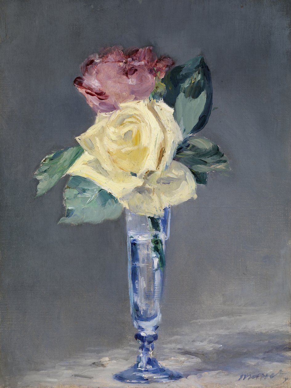 Ruusut samppanjalasissa, n. 1882 (öljy kankaalle) tekijältä Édouard Manet