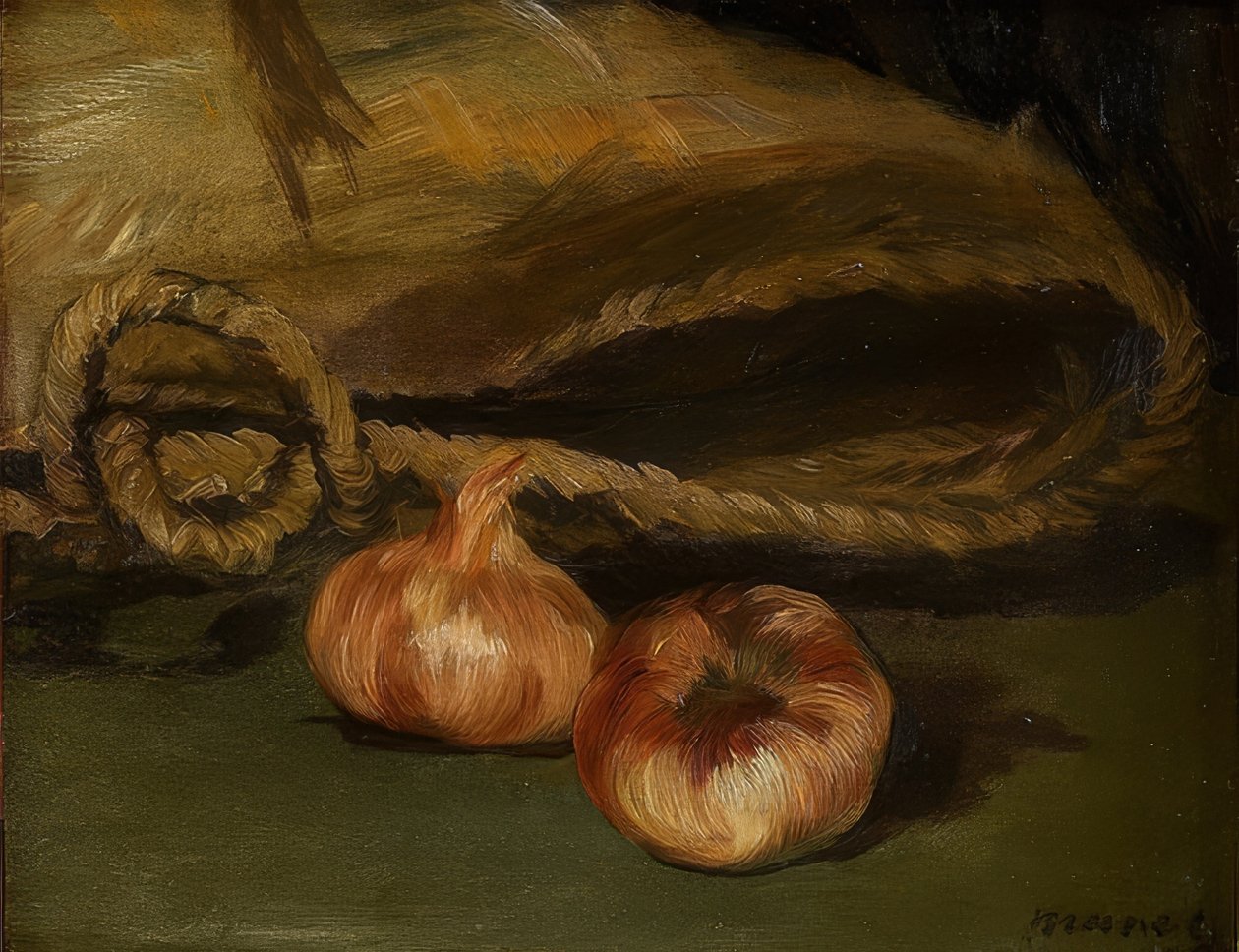Asetelma pussin ja valkosipulin kanssa. 1861-62 tekijältä Édouard Manet