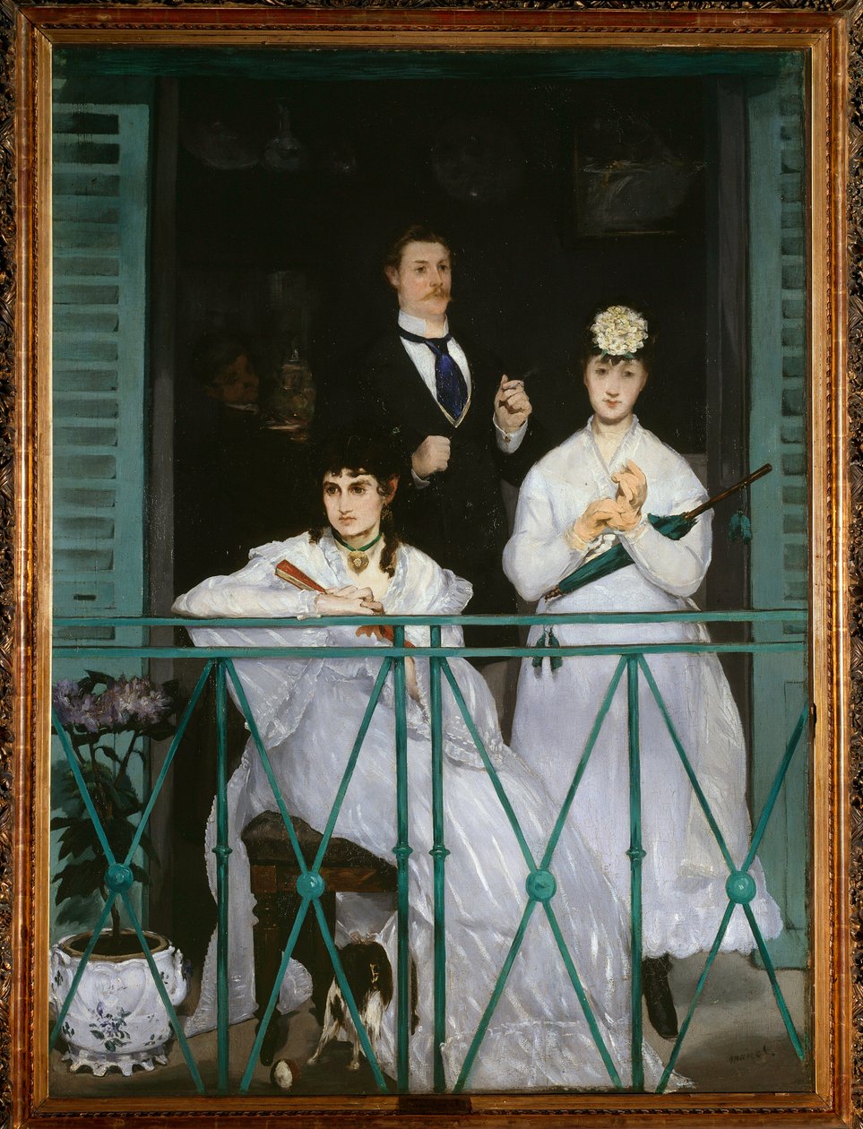 Parveke (muotokuvia Berthe Morisotista, Fanny Clausista, Antoine Guillemetista ja Leon Leenhoffista) - öljy kankaalle tekijältä Édouard Manet