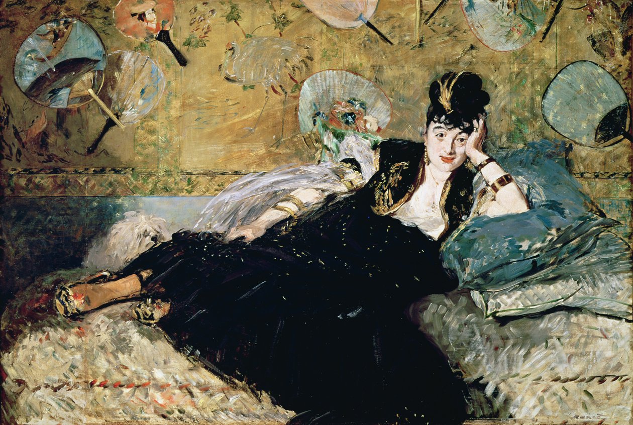 Nainen viuhkaineen, Nina de Calliasin (1844-84) muotokuva n. 1873-74 (öljy kankaalle) tekijältä Édouard Manet