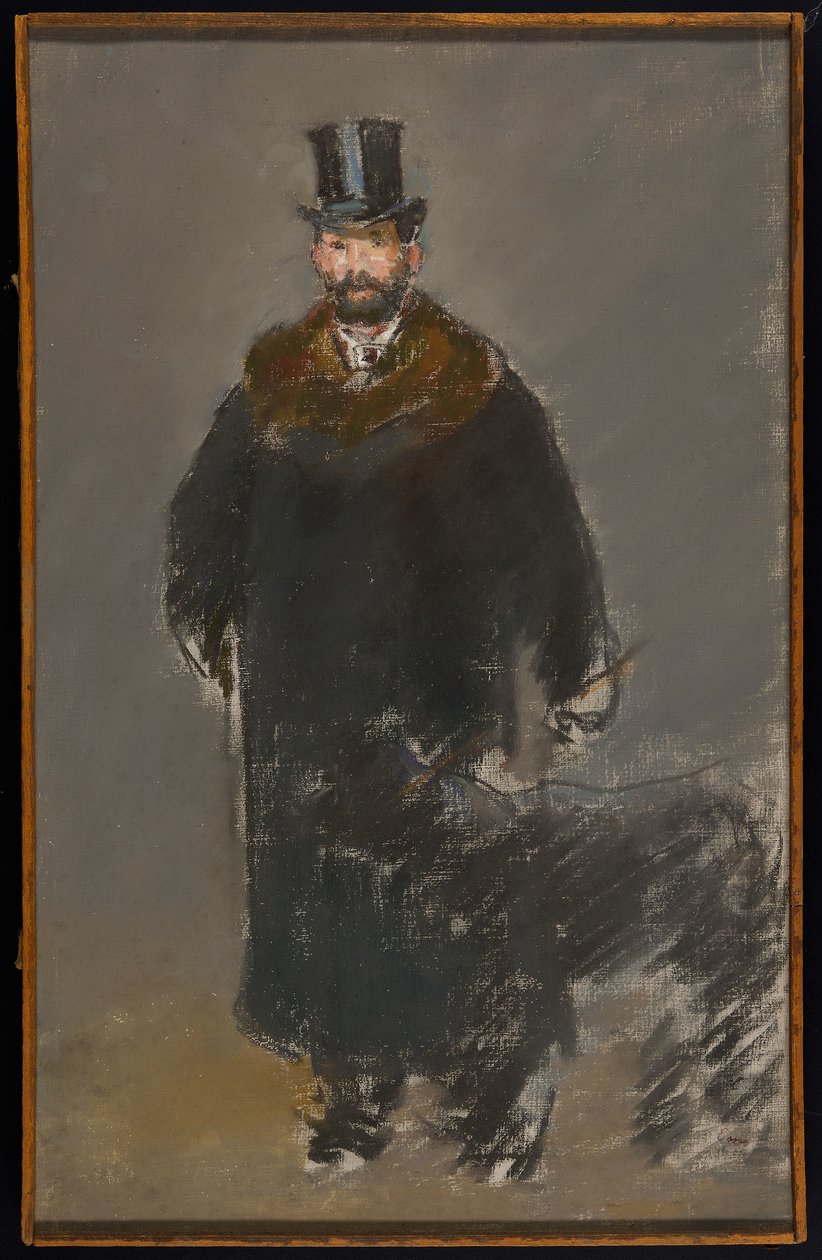 Mies koiran kanssa, n. 1882 (pastelli kankaalle, harmaa guassipohja) tekijältä Édouard Manet