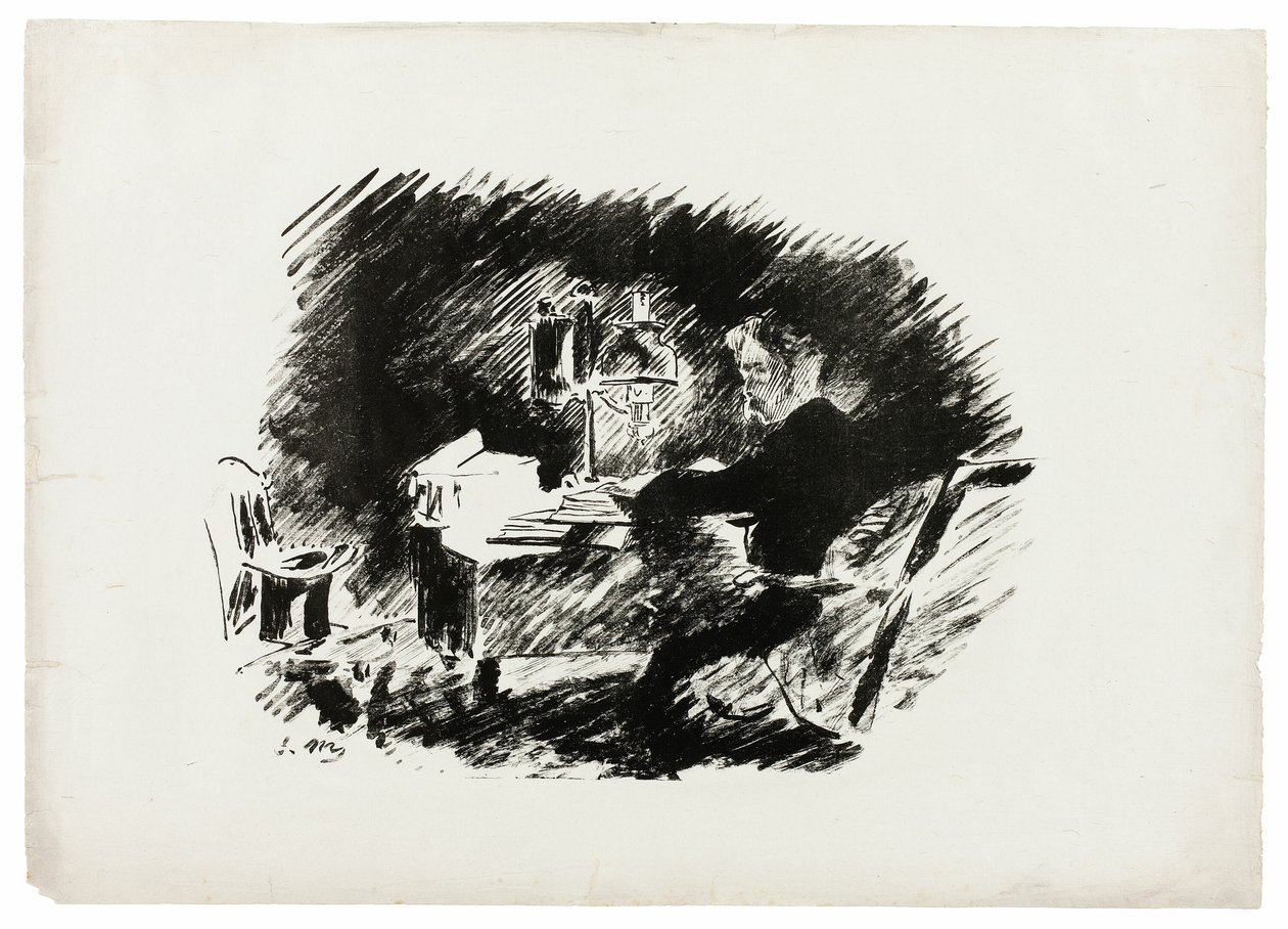 Lampun alla ("Olipa kerran keskiyönä synkkä..."), elokuvasta Korppi (Le Corbeau). tekijältä Édouard Manet