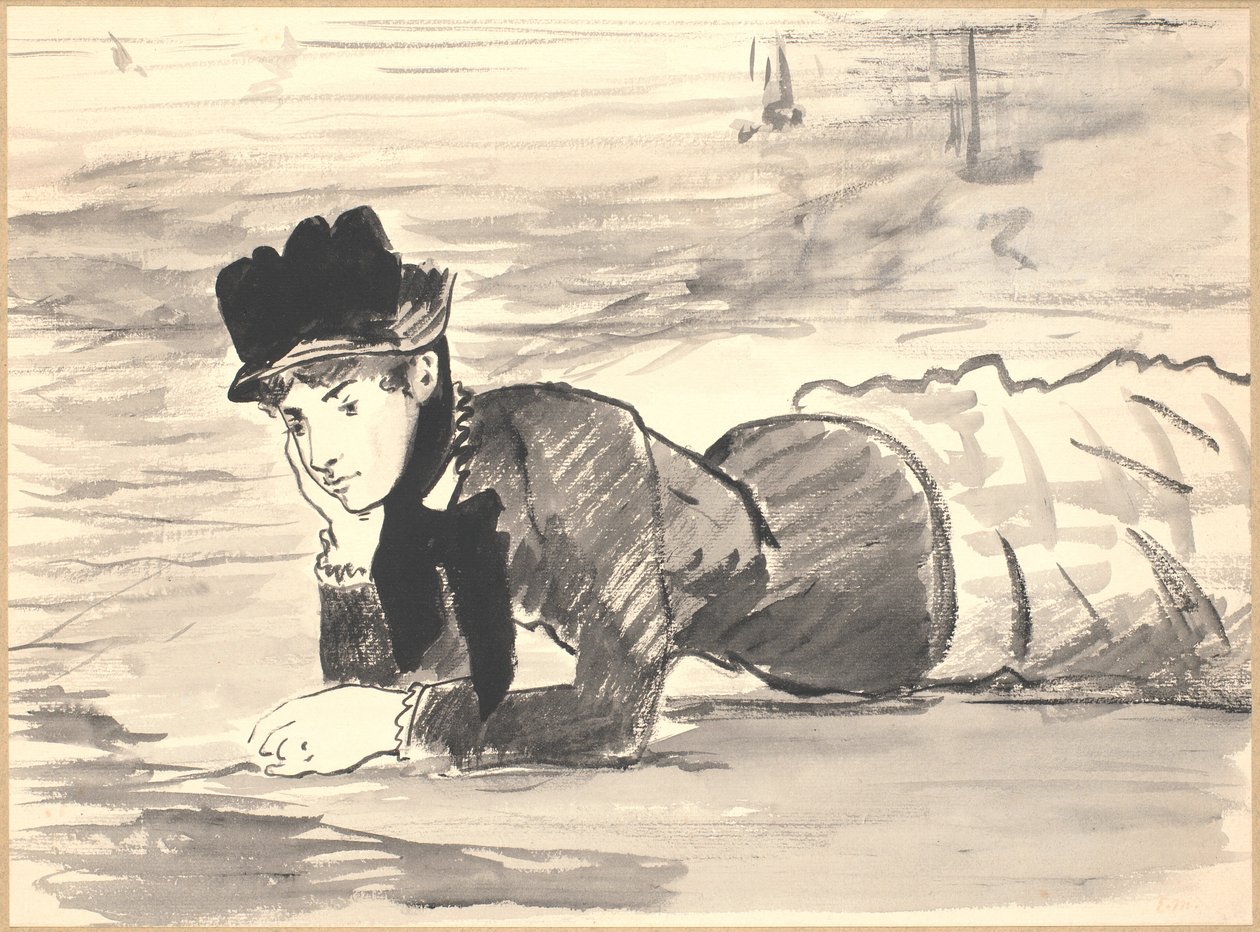 Nainen makaa rannalla. Annabel Lee tekijältä Édouard Manet