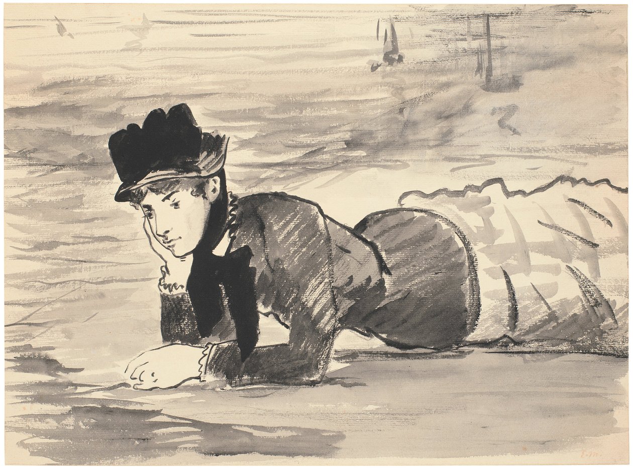 Nainen makaa rannalla. Annabel Lee, noin 1881 tekijältä Édouard Manet