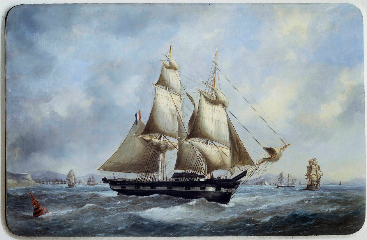 Edouard Adam (1847-1929) 1800-luvun Pariisi, Musee de la Marine, Bresilian tiili lähtee Le Havre Aquarellen satamasta tekijältä Edouard Marie Adam