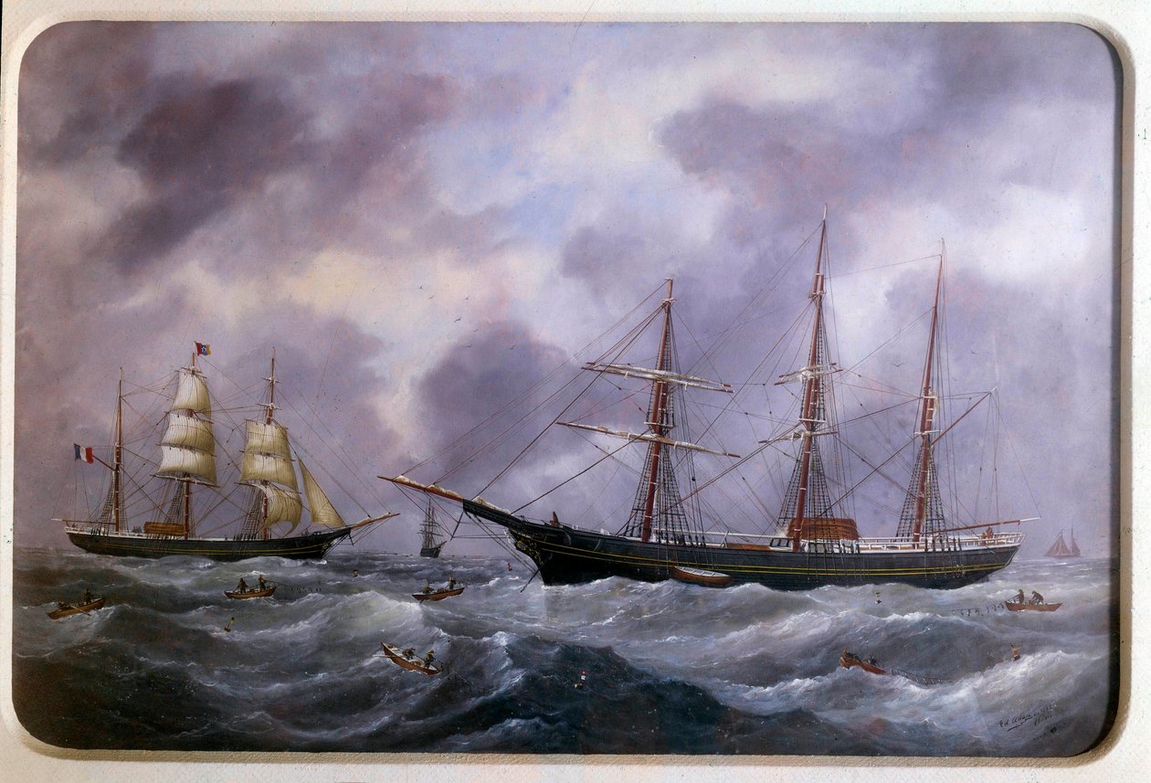 Alukset kalastamassa Newfoundlandin rannalla vuonna 1885 Edouard Adamin (1847-1929) akvarelli 1885 Pariisi, Musee de la Marine tekijältä Edouard Marie Adam