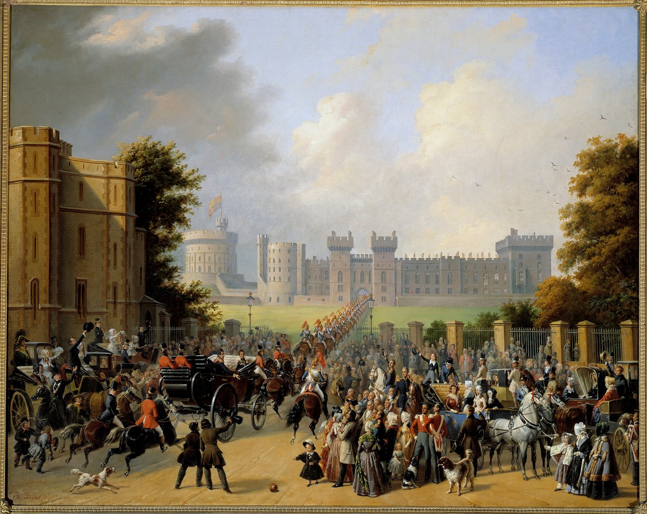 Louis Philippe I:n (1773-1850) saapuminen Windsorin linnaan 10.8.1844 Edouard Pingretin (1788-1875) maalaus 1845 su. 1,28x1,6 m tekijältä Edouard Pingret