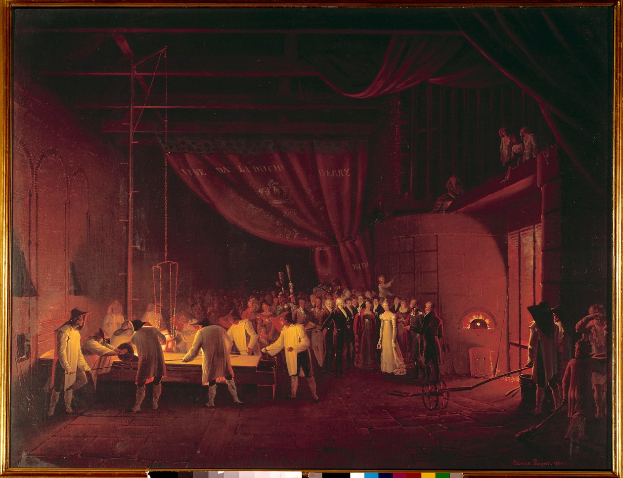 Marie Caroline de Bourbon Sicily, Berryn herttuatar (1798-1870), vieraili Saint Gobainin tehtaissa vuonna 1822 Työläiset tekivät pöytävalun lasista. Edouard Pingretin (1788-1875) maalaus 1824 Yksityinen kokoelma tekijältä Edouard Pingret