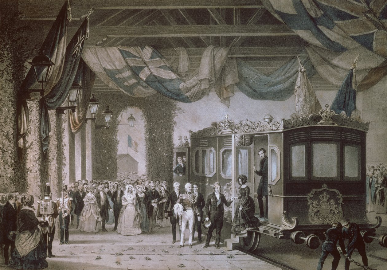 Kuningatar Victoria (1819-1901) ja prinssi Albert (1819-61) saapuvat Gosportin asemalle, Hampshire, kaiverrus Bayot & Cuvilier, 1846 tekijältä Edouard Pingret