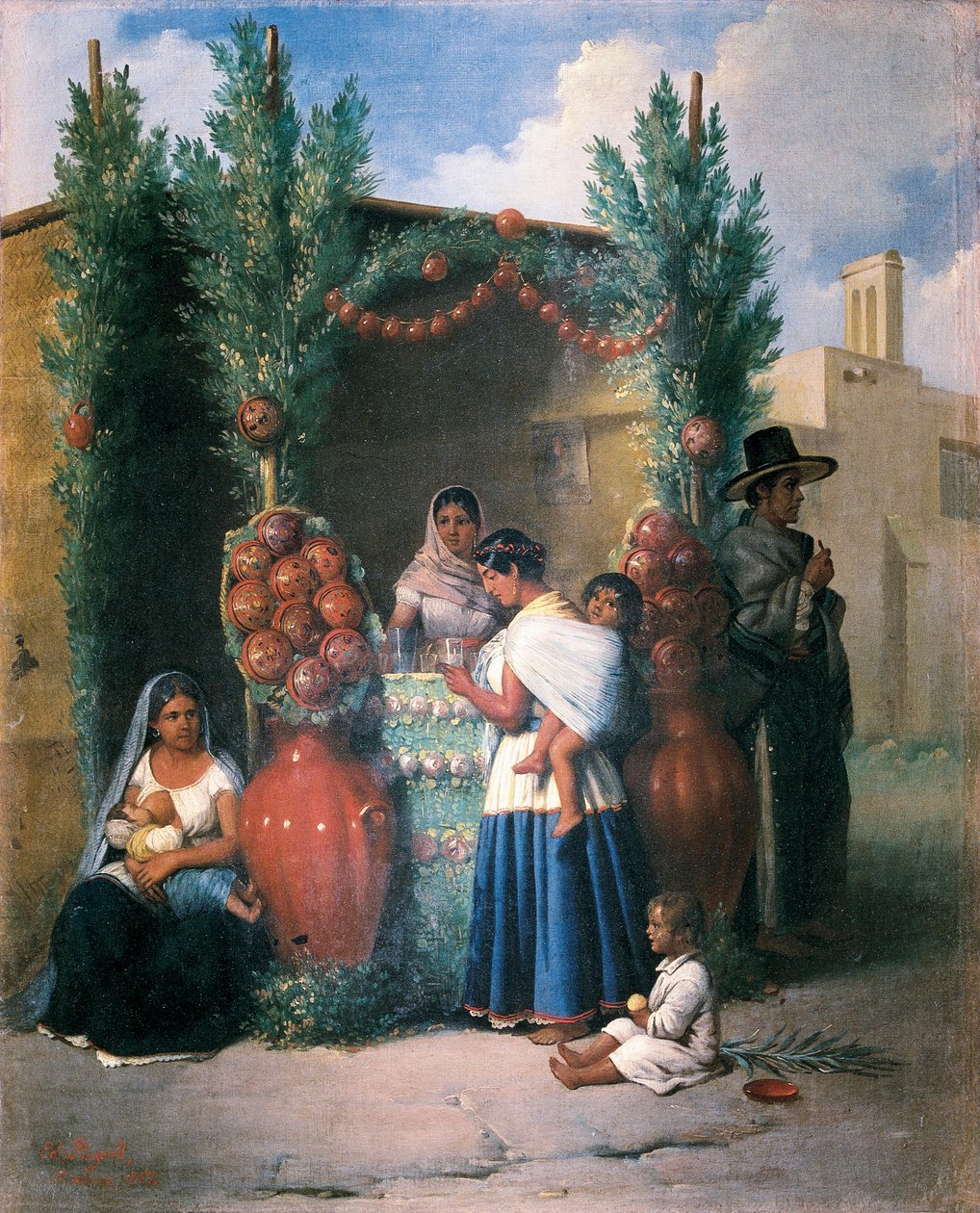 Kohtaus lähellä virvokebaaria kadulla Meksikossa: nainen imettää lastaan, toinen juo juotavaa ja kantaa lastaan ​​selässään, lapsi leikkii maassa. Edouard Pingretin (1788-1875) maalaus, 1800-luvun puoliväli. Mexico City. Kansallispankki tekijältä Edouard Pingret