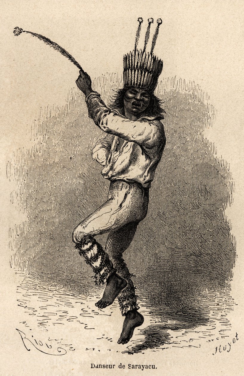 Tanssija Sarayacussa (Peru), piirtänyt Riou havainnollistamaan Paul Marcoyn matkaa Tyyneltämereltä Atlantin valtamerelle vuosina 1848–1860. Kaiverrus kirjaan "" Le tour du monde", toimittanut Edouard Charton tekijältä Edouard Riou