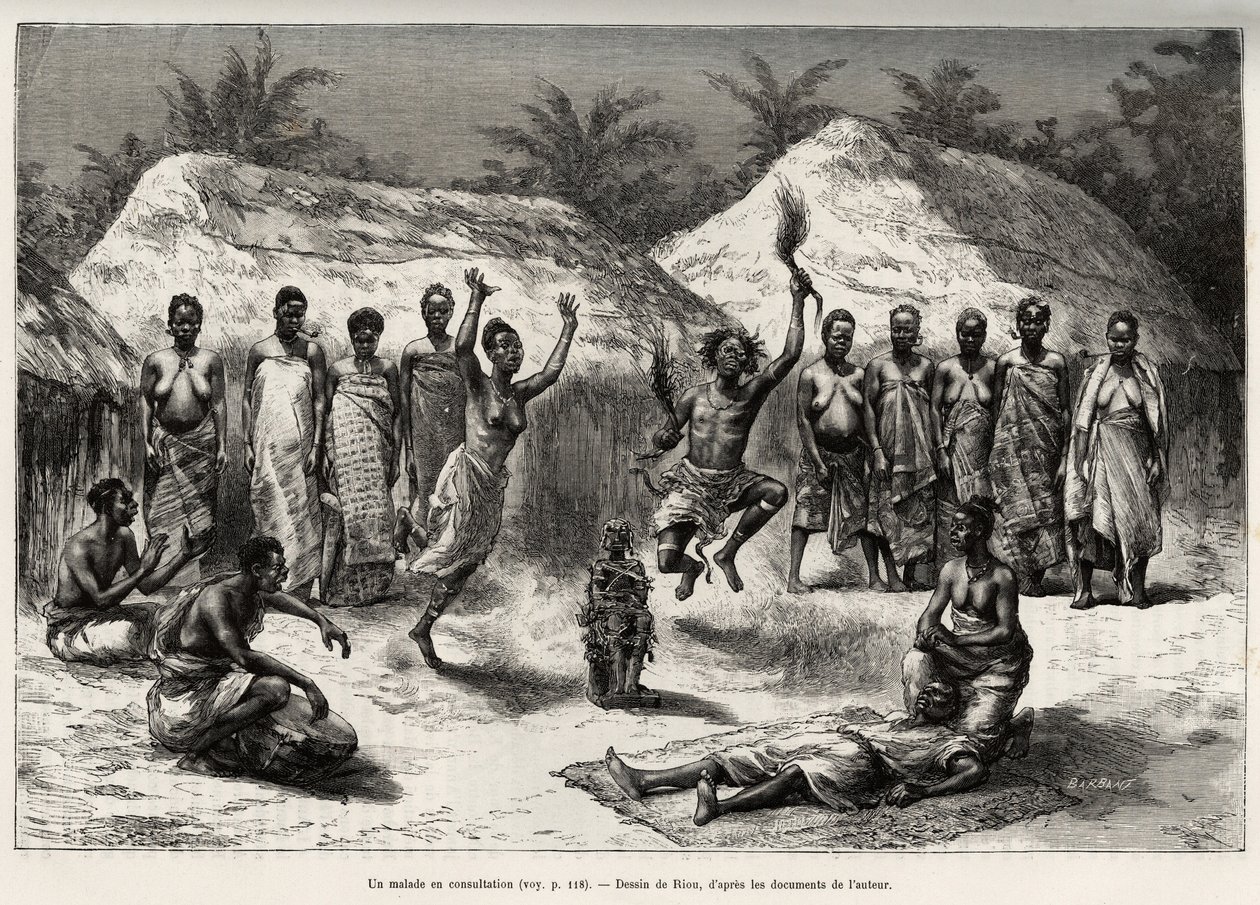 Potilas neuvotellen agnin (tai anyin, Norsunluurannikon) kanssa, tohtori noita suorittaa tanssin asetettuaan fetissin potilaan eteen. Rioun kaiverrus havainnollistamaan kapteeni Louis Gun tarinaa "" Nigeristä Guineanlahdelle" tekijältä Edouard Riou