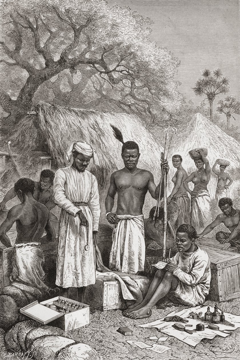 Abdullah Souzi, Jacob Wainright ja James Chouma, tohtori David Livingstonen kolme palvelijaa, arvioivat hänen omaisuuttaan hänen kuolemansa jälkeen vuonna 1873, kuvitus teoksesta "The World in the Hands", kaiverrettu Charles Barbant tekijältä Edouard Riou