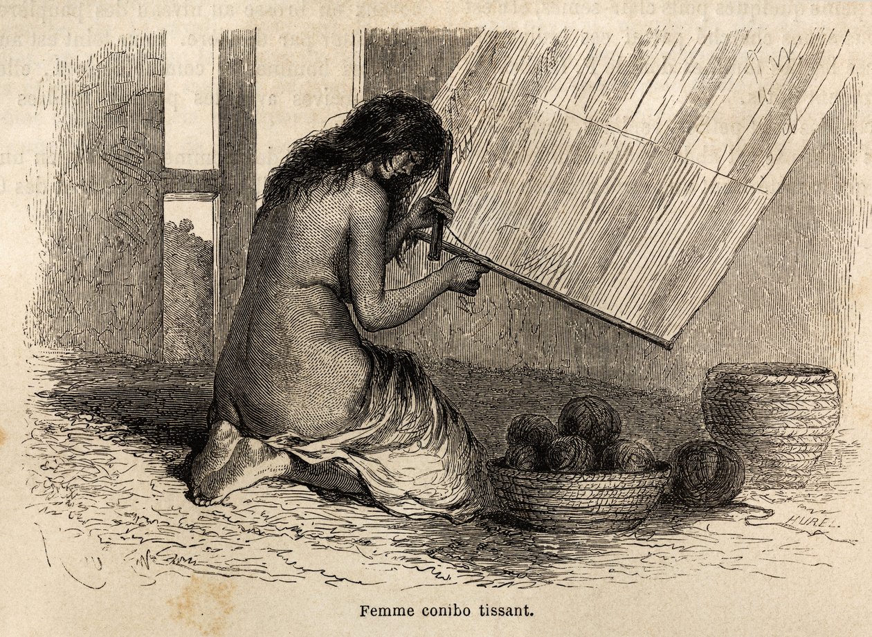 Intialainen Conibo Perusta, kudonta, Rioun piirustus kuvaamaan P. Marcoyn matkaa Tyyneltä valtamereltä Atlantin valtamerelle vuosina 1848–1860. Kaiverrus kirjassa "" Le tour du monde", toimittanut Edouard Charton tekijältä Edouard Riou