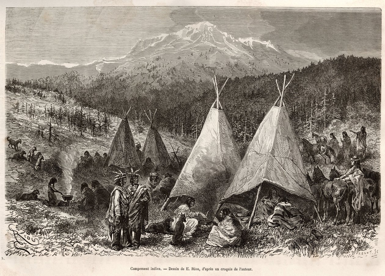 Intiaanileiri Utahin alueella Riviere Verten rannalla. Kaiverrus E. Rioun piirustuksen jälkeen havainnollistamaan William Hepworth Dixonin tarinaa La conquete blanche, vuonna 1875, julkaistu "" Le tour du monde""" 1876, toimittanut Edouard Charto tekijältä Edouard Riou