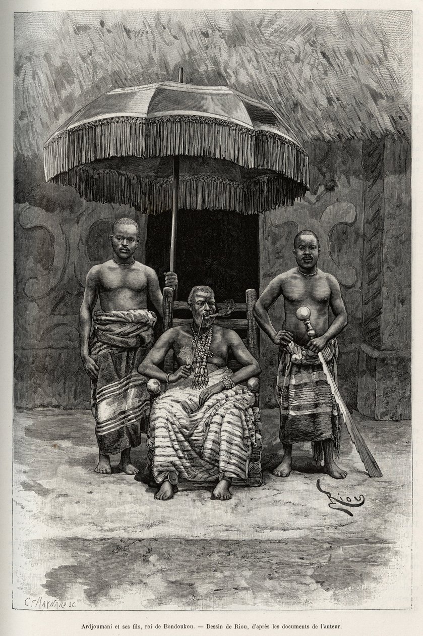 Ardjoumani (kuoli 1892) ja hänen poikansa, Bondoukoun kuningas (Norsunluurannikko). Rioun kaiverrus havainnollistamaan kapteeni Louis Gustave Bingerin (1856-1936) tarinaa "" Nigeristä Guineanlahdelle" vuosina 1887-1889, Le tour du monde, nouveau journal de tekijältä Edouard Riou