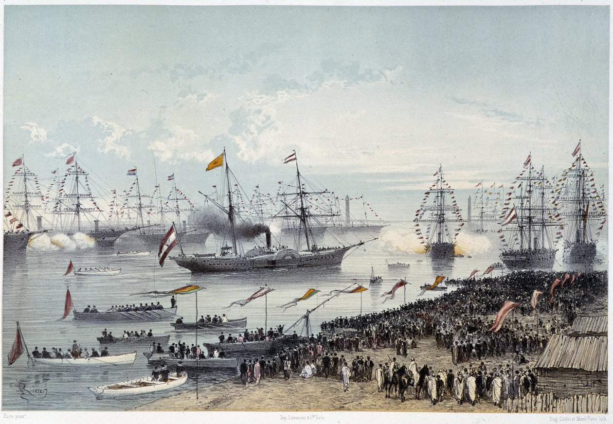 Hänen Majesteettinsa Itävallan keisarin saapuminen Port Saidiin G. Nicolen Suezin kanavan avajaisissa. 1869 tekijältä Edouard Riou