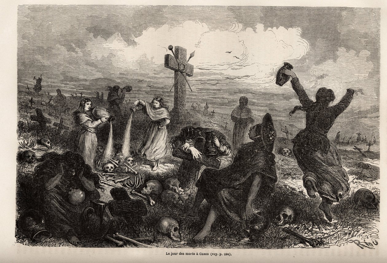 Rioun piirustus Cuzcon morts-juhlasta, joka havainnollistaa Paul Marcoyn matkaa Etelä-Amerikan halki vuosina 1848–1860. Kaiverrus kirjaan "" Le tour du monde", toimittanut Edouard Charton tekijältä Edouard Riou
