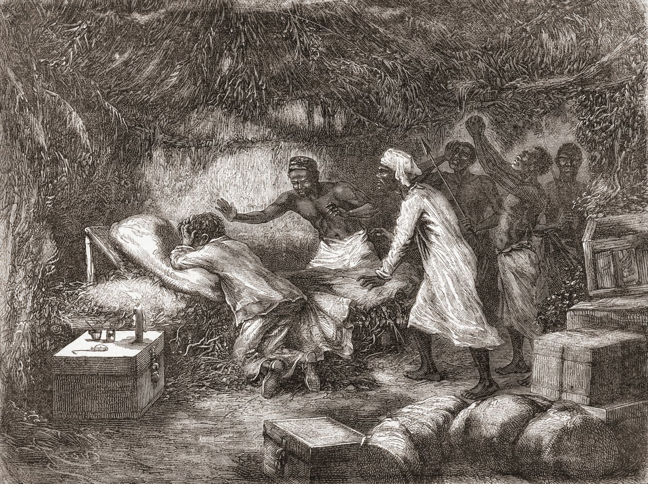 Tohtori Livingstonen kuolema Tchitammbon kylässä Afrikassa vuonna 1873, kuva teoksesta "The World in the Hands", julkaistu 1878 tekijältä Edouard Riou