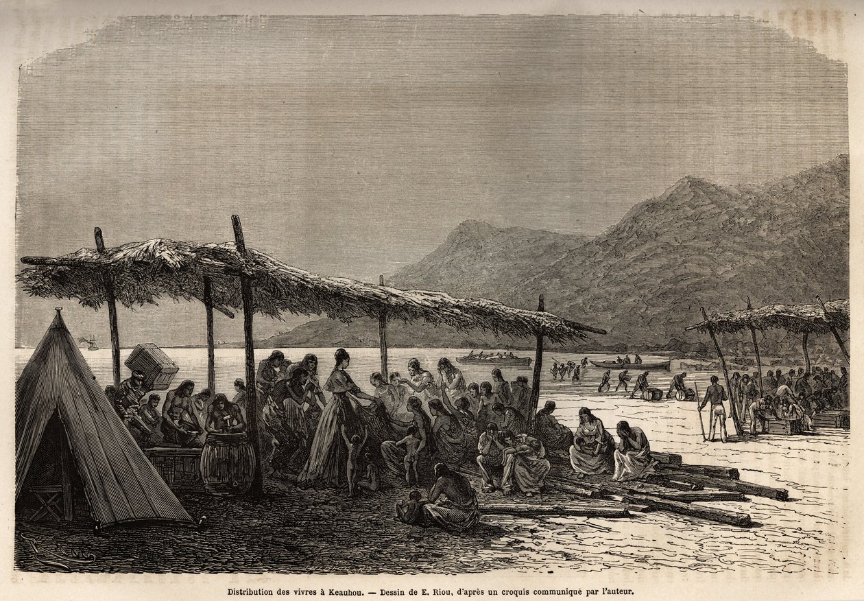 Ruoan jako Keauhoussa vuoden 1868 maanjäristyksen ja tulivuorenpurkauksen jälkeen katastrofin uhreille, kaiverrus E.Rioun piirustuksen jälkeen, joka havainnollistaa C. de Varignyn matkaa Sandwichsaarille vuosina 1855-1869 julkaistu "" Le tekijältä Edouard Riou