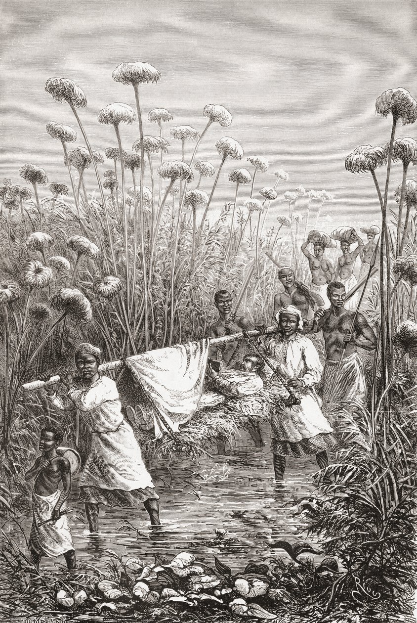 Tri. David Livingstonea kuljetettiin viimeiset kilometrit Tchitammbon kylään Afrikassa vähän ennen hänen kuolemaansa, Henri Theophile Hildibrandin kaivertaman "The World in the Hands" -kuvan. tekijältä Edouard Riou